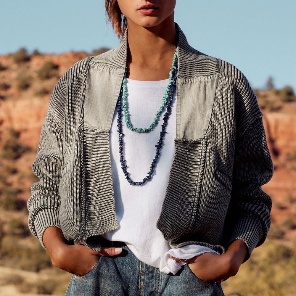 We The Free Gray Ribbed Open-Front Cardigan Jacket